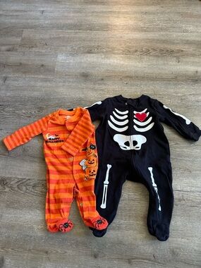 lot of 2 Holiday Editions Orange Striped Pumpkin & Black Skeleton One-Pieces